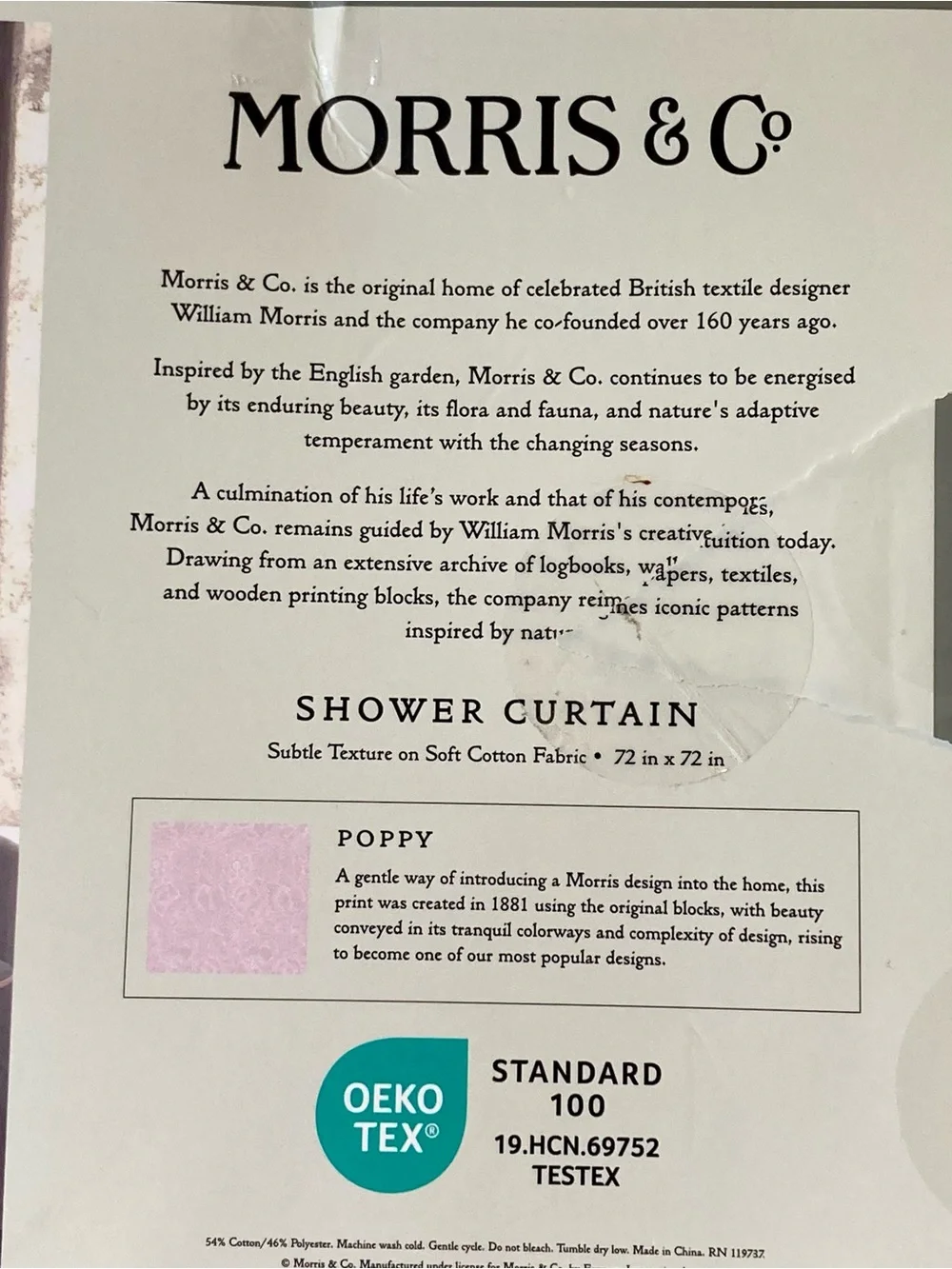 NEW Morris & Co. Shower Curtain in Poppy pattern and pale pink color